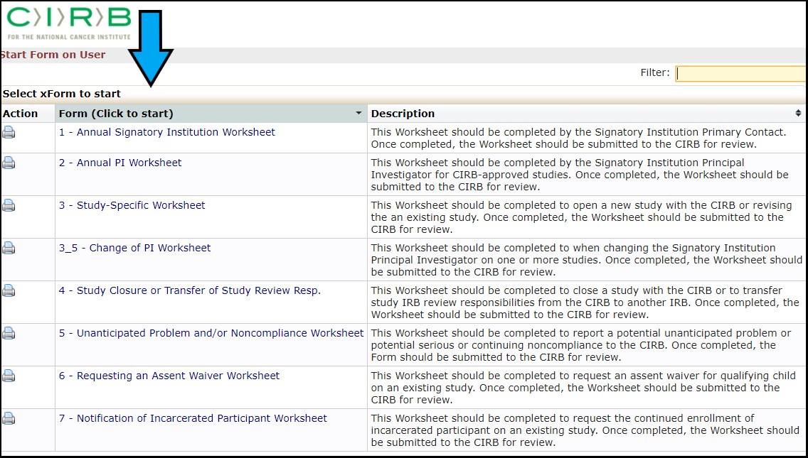 Screenshot of the xForm section of the user dashboard in IRBManager 