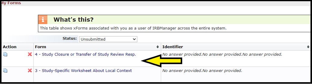 The screenshot of the Unsubmitted xForms on the user dashboard in IRBManager