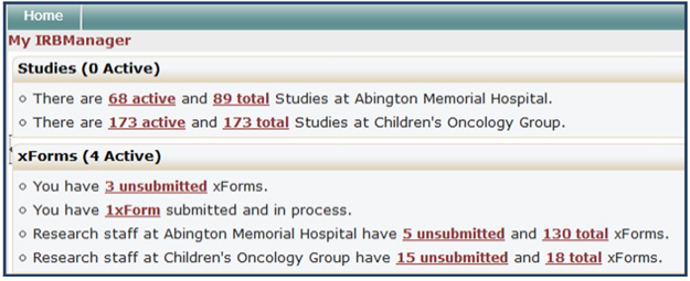 IRBManager dashboard displays studies and xForms (Worksheets) associated with your Signatory Institution