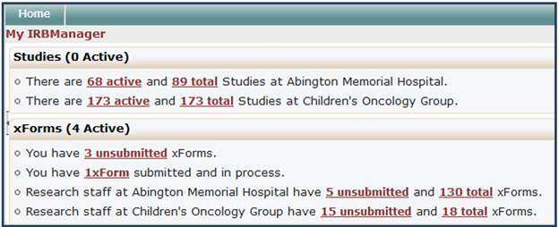The IRBManager dashboard displays studies and xForms (Worksheets) associated with your Signatory Institution